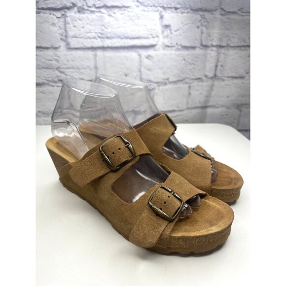 Yokono Wedge Slide Sandals Slide On Leather Beige Tan Ladies size 8 Adjustable - Picture 2 of 14